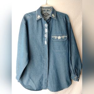 Floral Denim Embroidered Shirt Roses Women's Size Medium Chest 42"